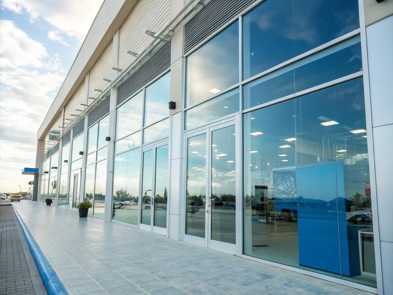 A retail shopping center featuring large, durable windows installed by Eastbay Glass, allowing ample natural light and providing a clear view for shoppers.