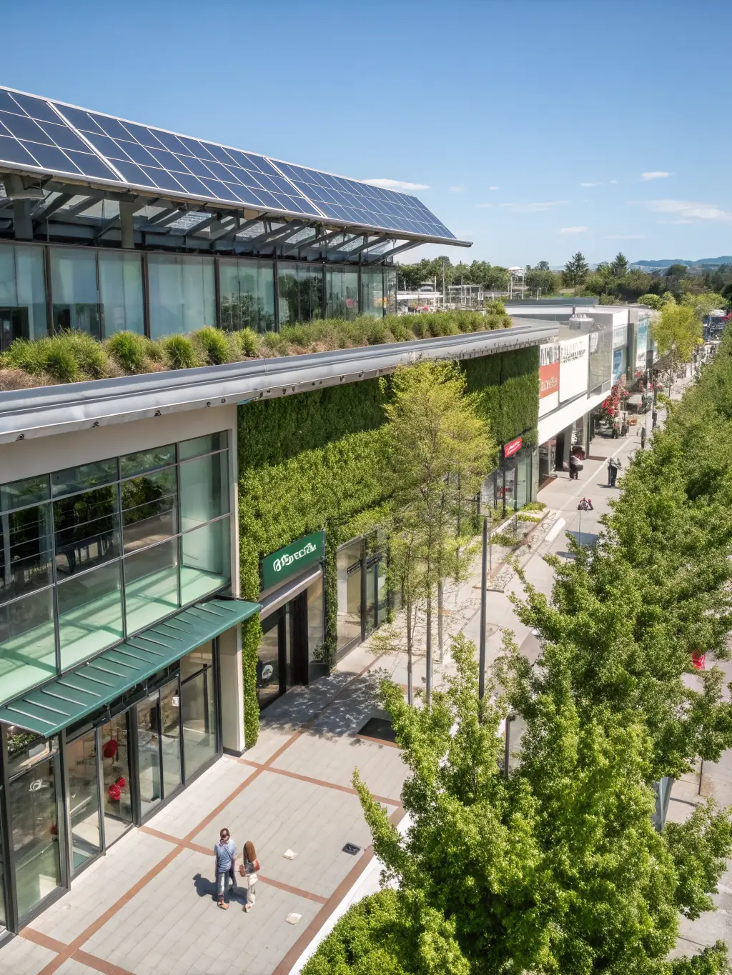 Exterior shot of a retail shopping center with newly installed windows, highlighting the visual clarity and durability of the installation.