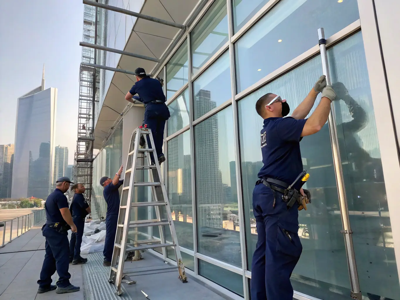 A photograph of Eastbay Glass's team working on a commercial window installation project, showcasing their expertise and attention to detail.