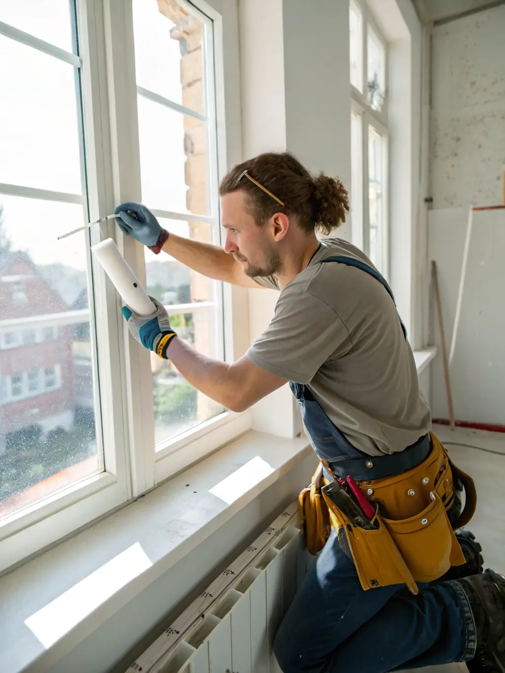 Close-up of a glazier applying sealant to a large glass panel during installation, emphasizing the attention to detail and quality.