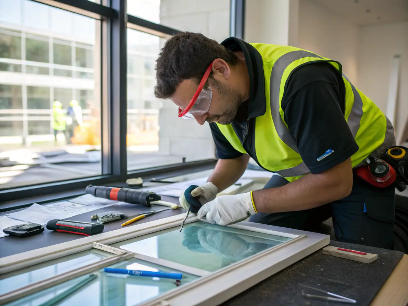 A close-up shot of a craftsman meticulously installing a window, emphasizing the quality and precision of Eastbay Glass's workmanship.