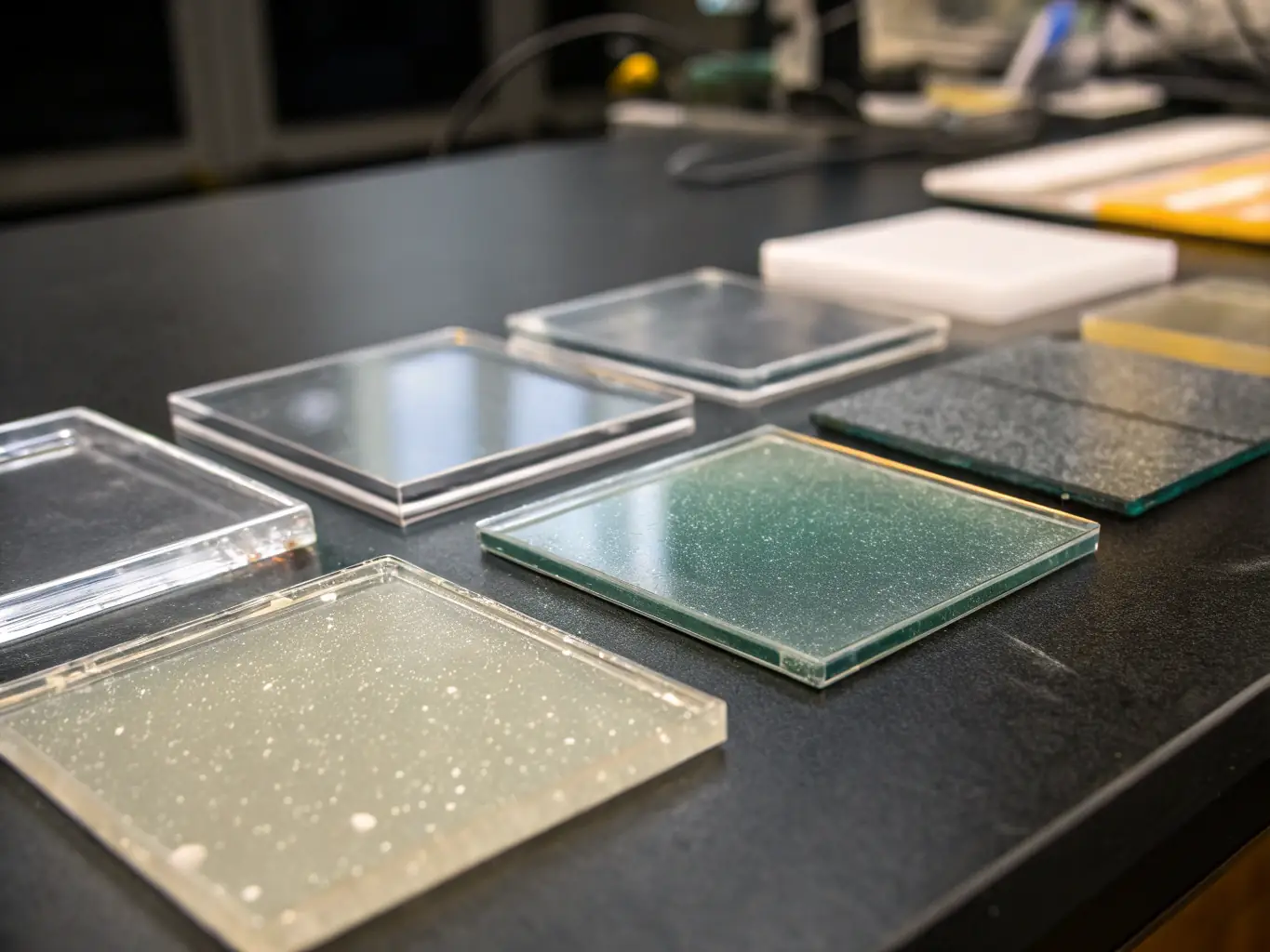 A close-up shot of a variety of glass samples, including low-E glass, tinted glass, and laminated glass, used in commercial window installations.